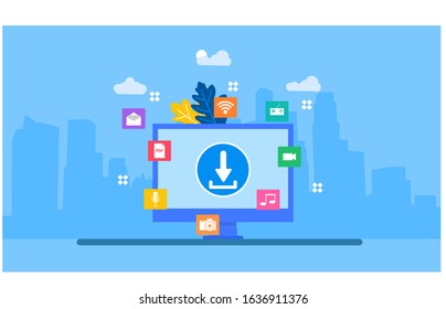 Website or landing page vector illustration of   monitor with download icon image . Suitable For web landing page,Wallpaper, Background,banner,Book Illustration