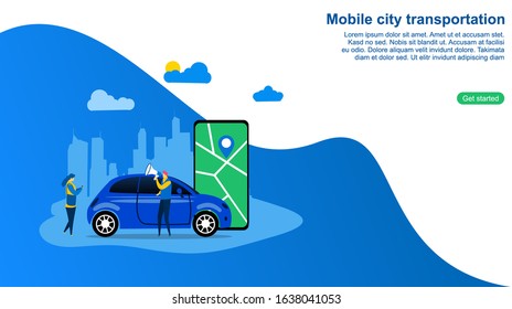 Website or landing page vector illustration of   the concept of online transportation or mobile city transportation, mobile and smartphone with Tiny People Character Concept , Suitable For web landing