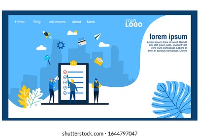 Website or landing page vector illustration of   Survey vector illustration. Flat mini persons concept with quality test and satisfaction report.Suitable For web landing page,Wallpaper, Background,