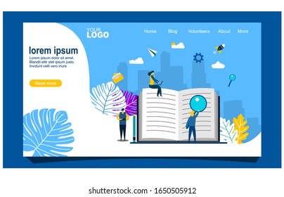 Leyendo página de inicio, personajes de gente pequeña alrededor de un libro grande. 
Ilustración vectorial, Página de inicio web, Fondo de escritorio, Fondo,Banner,Ilustración del libro
