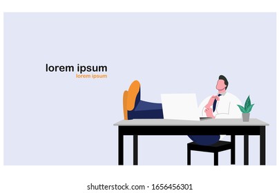 los hombres se sientan casualmente frente al portátil mientras levantan los pies sobre la mesa. Diseño plano, ilustración vectorial