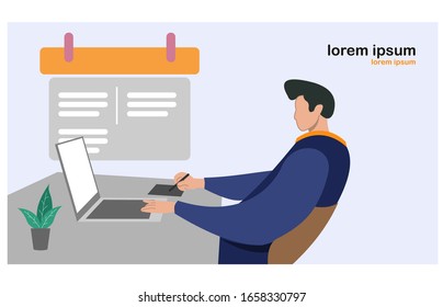 Los hombres con laptops llenan los calendarios y completan las asignaciones comerciales para el trabajo.  Concepto de planificación del carácter masculino de los empleados en los dispositivos en el trabajo. Ilustración vectorial.