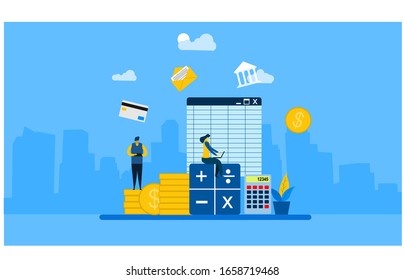 Website or landing page vector illustration of  Software for accounting with sheet,calculator and coins.flat design.vector illustration