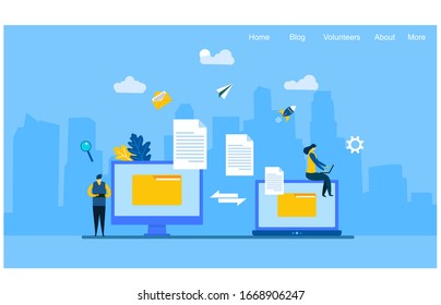Website or landing page vector illustration of  File Transfer. Files transferred Encrypted Form. Program for Remote Connection between two Computers.with Tiny People Character Concept Vector