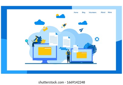 Dateiübertragung. Dateien wurden verschlüsselt übertragen. Programm für die Fernverbindung zwischen zwei Computern.mit Tiny People Character Concept Vektorillustration Illustration, geeignet für Web-Landing-Page, Bildschirmhintergrund,