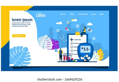 Website or landing page vector illustration of  Landing page with blood glucose testing meter,diabetes and insulin production concept vector. Tiny People Character Concept Vector Illustration,