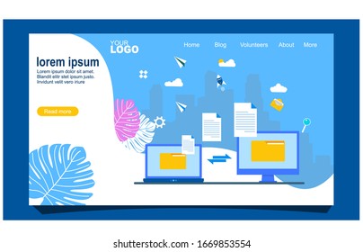 Website or landing page vector illustration of  File Transfer. Files transferred Encrypted Form. Program for Remote Connection between two Computers.Vector Illustration, Suitable For web landing page,