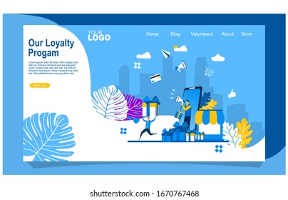 Website or landing page vector illustration of Promotion of online store or shop loyalty program, bonus or reward.landing page template with a man on a smartphone carrying a megaphone 
