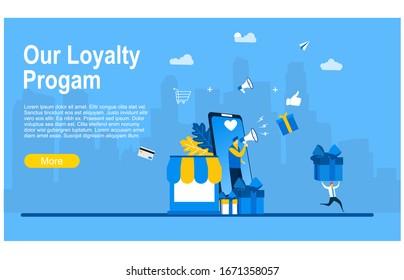 Website or landing page vector illustration of  Promotion of online store or shop loyalty program, bonus or reward. landing page template with a man on a smartphone carrying a megaphone 