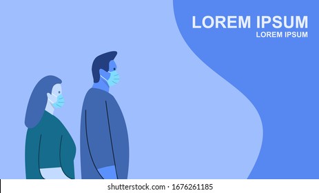 
Promoción de la higiene COVID-19 con mascarilla, hombres y mujeres llevan máscaras faciales.Estilo plano,ilustración vectorial
