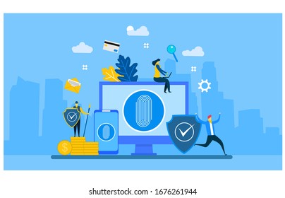 Website or landing page vector illustration of  Fingerprint screening security system concept. Digital touch scan identification or electronic sensor authentication.with Tiny People Character Concept 