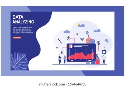 Website or landing page vector illustration of  data analyzing statistics. Data visualization concept with Tiny People Character Concept Vector Illustration, Suitable For web landing page,Wallpaper, 