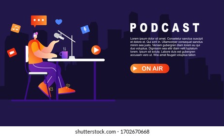 Website or landing page vector illustration of  Male podcaster talking to microphone recording podcast .flat style design. Vector illustration
