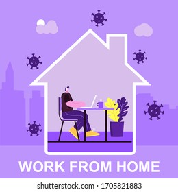 
Website or landing page vector illustration of  Work from home.Self isolation concept. Young man working from home during Covid-19. All stay at home. Vector flat illustration