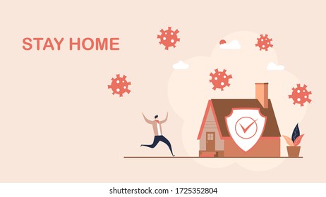 Website or landing page vector illustration of  stay home.a man runs to the house for safety from the outside virus.social distancing.vector illustration