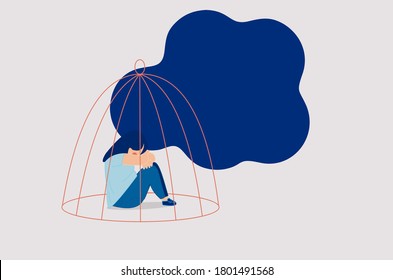 	
Website or landing page vector illustration of  Young sad woman locked in a cage. Concepts of restrictions on the ability of women in society. Human character illustration.