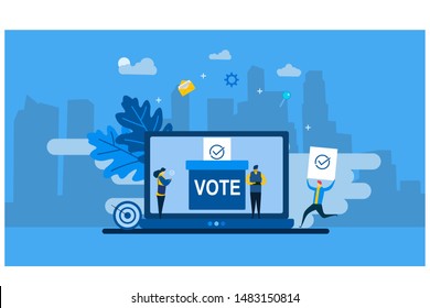 Website or landing page vector. Online vote with Tiny People Character Concept Vector Illustration, Suitable For Wallpaper, Background, Card, banner,Book Illustration, Web Landing Page