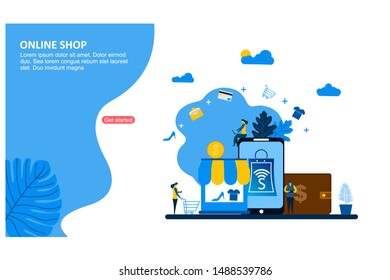 Website or landing page vector. Online shop,flat style with Tiny People Character Concept Vector Illustration, Suitable For Wallpaper, Background, Card, banner,Book Illustration, Web Landing Page