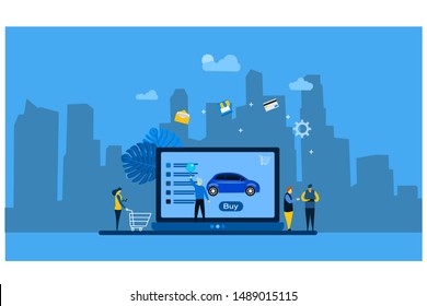 Website Or Landing Page Vector. Online Car Online With Tiny People Character Concept Vector Illustration, Suitable For Wallpaper, Background, Card, Banner,Book Illustration, Web Landing Page