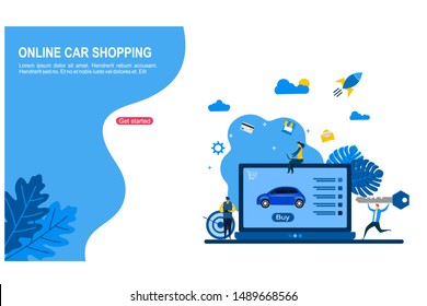 Website or landing page vector. Online car online with Tiny People Character Concept Vector Illustration, Suitable For Wallpaper, Background, Card, banner,Book Illustration, Web Landing Page