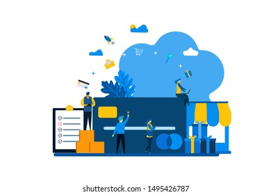 Website or landing page vector. online shopping, credit card payment, gift card with Tiny People Character Concept Vector Illustration, Suitable For web landing page,Wallpaper, Background, Card,