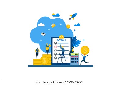 	
Nómina, pago de salario con la Ilustración de vectores de concepto de personajes de personas pequeñas, adecuado para página de inicio web, papel tapiz, fondo, tarjeta, banner,Ilustración de libro