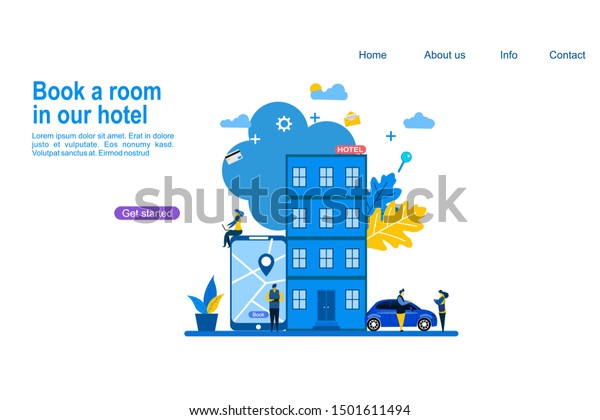 Website or landing page vector. people booking\
hotel and search reservation with Tiny People Character Concept\
Vector Illustration, Suitable For web landing page,Wallpaper,\
Background, Card,\
banner,