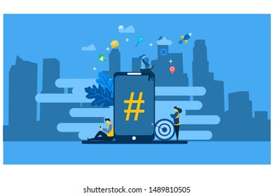 Website or landing page vector. phone with hashtag sign,Tiny People Character Concept Vector Illustration, Suitable For Wallpaper, Background, Card, banner,Book Illustration, Web Landing Page