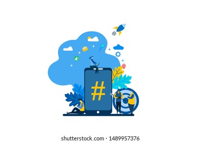 Website or landing page vector. phone with hashtag sign,Tiny People Character Concept Vector Illustration, Suitable For Wallpaper, Background, Card, banner,Book Illustration, Web Landing Page