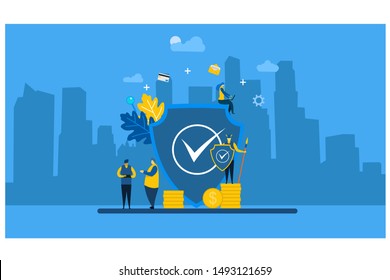 Website or landing page vector. Protect your business with Tiny People Character Concept Vector Illustration, Suitable For web landing page,Wallpaper, Background, Card, banner,Book Illustration