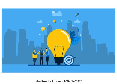 Website or landing page vector. searching for new ideas solutions, working together in the company with Tiny People Character Concept Vector Illustration, Suitable For web landing page,Wallpaper,
