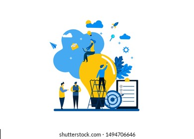 Website or landing page vector. searching for new ideas solutions, working together in the company with Tiny People Character Concept Vector Illustration, Suitable For web landing page,Wallpaper,