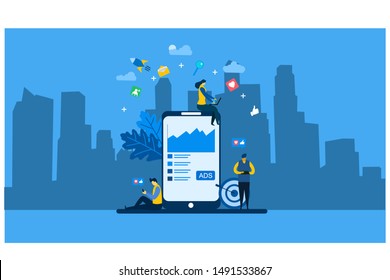 Website or landing page vector. Social media marketing concept with Tiny People Character Concept Vector Illustration, Suitable For web landing page,Wallpaper, Background, Card, banner,