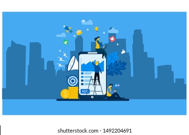 Website or landing page vector. Social media marketing concept with Tiny People Character Concept Vector Illustration, Suitable For web landing page,Wallpaper, Background, Card, banner