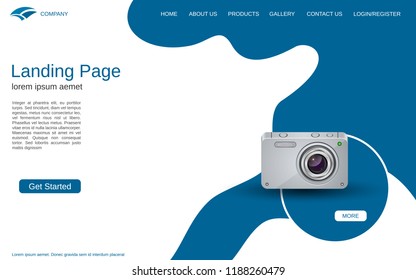 Website landing page vector template. Modern geometric style vector background with realistic photo camera icon for webpage and application