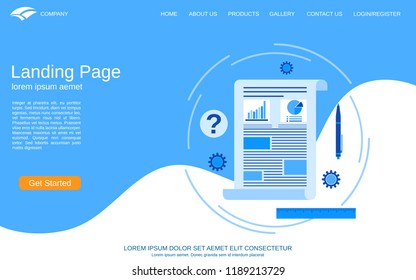 Website landing page vector template. Blue-white background with business concept illustration for webpage