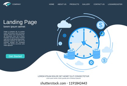 Website landing page vector template. Abstract geometric style background with time is money concept illustration