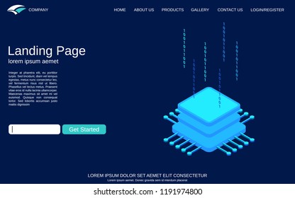 Website landing page vector template. Blue background with computer processor isometric concept illustration
