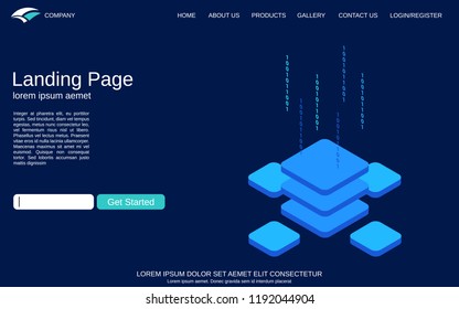 Website landing page vector template. Blue background with digital technology isometric comcept illustration. Design for webpage and application