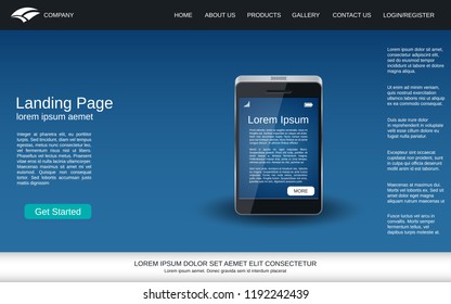 Website landing page vector template. Blue vector background with smartphone realistic icon for webpage and application