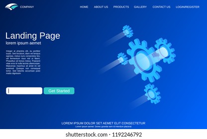 Website landing page vector template. Blue background with abstract isometric cogwheels. Design for webpage and application