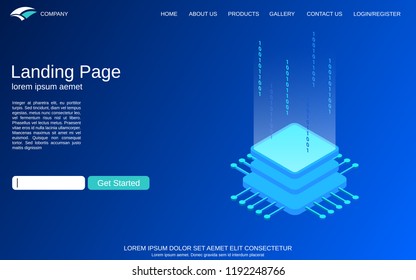 Website landing page vector template. Blue background with computer processor isometric concept illustration