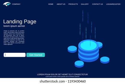 Website landing page vector template. Blue background with digital technology isometric concept illustration