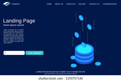 Website landing page vector template. Blue background with digital technology isometric concept illustration. Design for webpage, banner and application