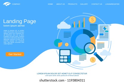 Website landing page vector template. Blue-white background with flat style business concept illustration. Design for webpage and application