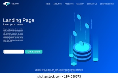 Website landing page vector template. Blue background with digital technology isometric concept illustration. Design for webpage, banner and application