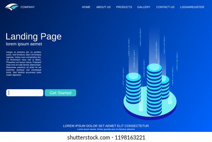 Website landing page vector template. Blue background with digital technology isometric concept illustration. Design for webpage, banner and application