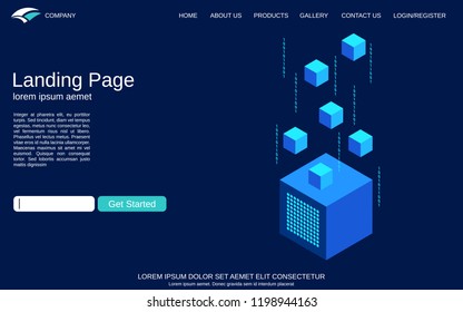 Website landing page vector template. Blue background with digital technology isometric concept illustration. Design for webpage, banner and application