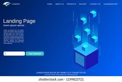 Website landing page vector template. Blue background with digital technology isometric concept illustration. Design for webpage, banner and application