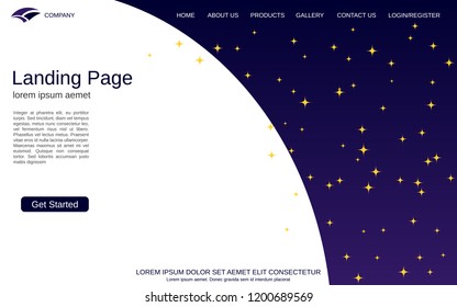 Website landing page vector template. Cartoon night sky background for webpage, banner and application